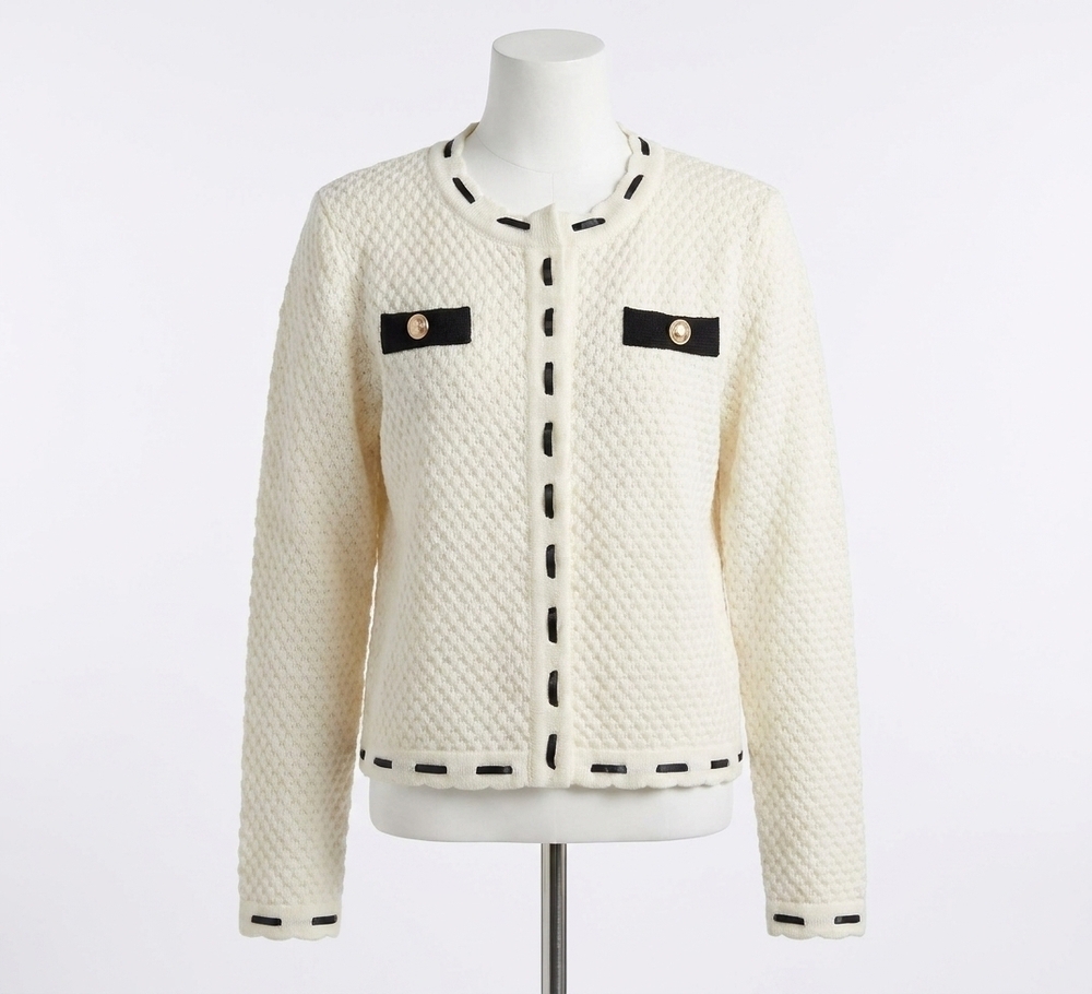 NEW ABLE contrast trim cardigan in white/black